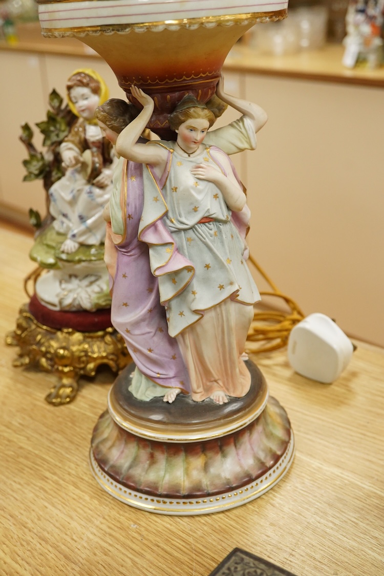 A Continental Three Graces table lamp and another table lamp mounted with a seated figure, largest 44cm high including the fitting